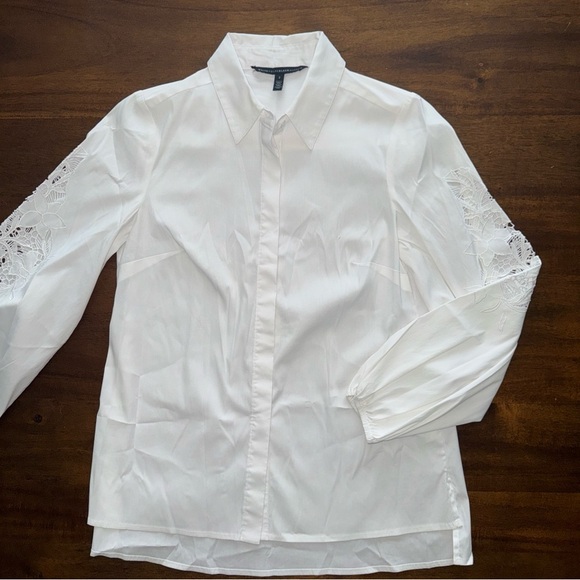White House Black Market White Long Sleeve Button Up Shirt Blouse Lace Sleeve 2 - Picture 2 of 9